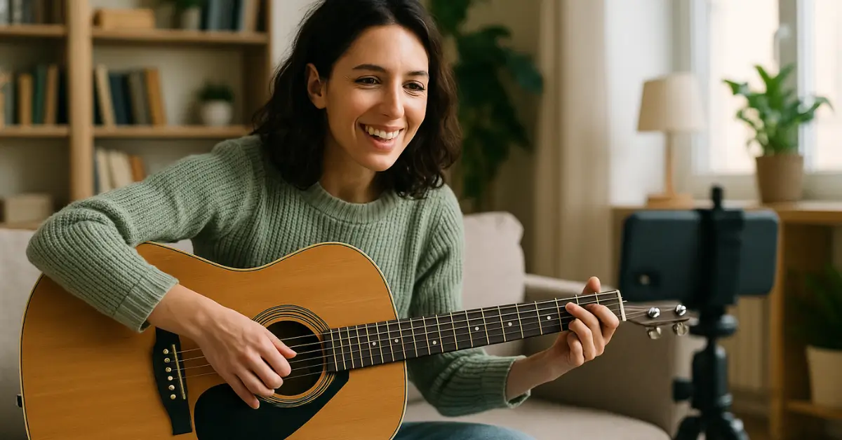 Mulher com suéter verde e violão grava vídeo tocando em sala com decoração acolhedora Aluna grava vídeo tocando violão e sorrindo em sala iluminada