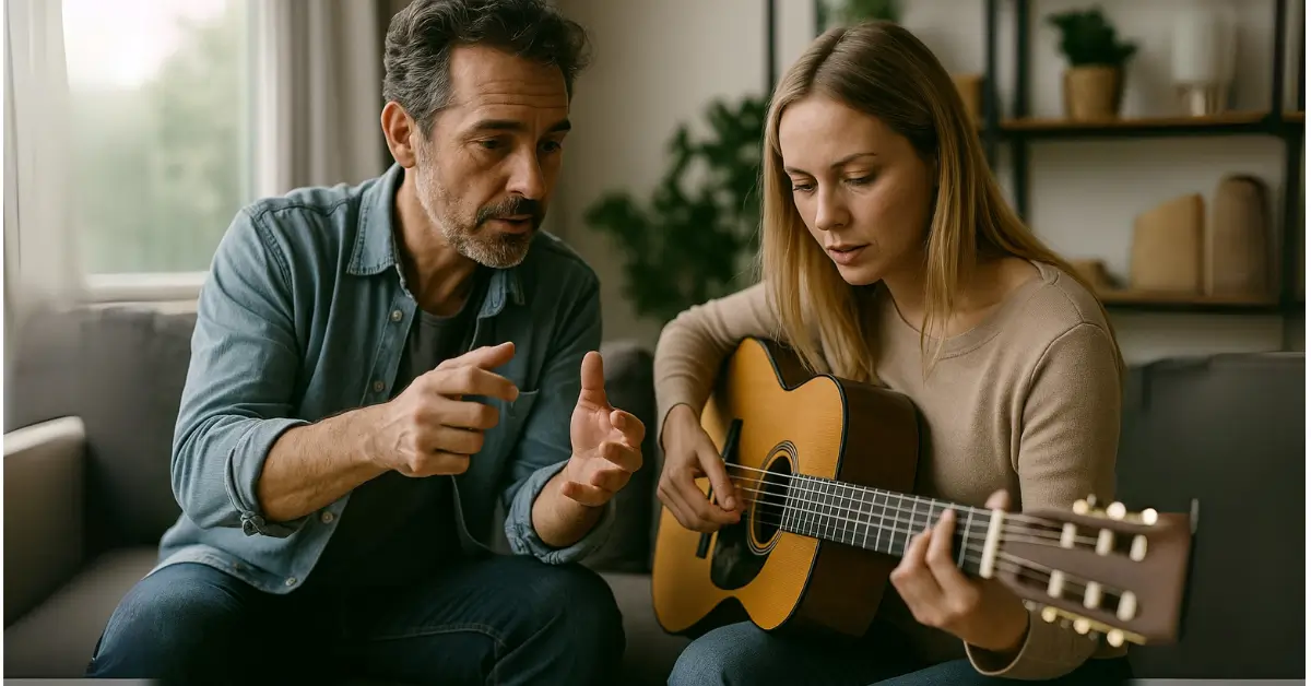 Mulher loira aprende violão com professor atencioso em sala aconchegante durante aula individual Professor orienta aluna com atenção durante aula particular de violão