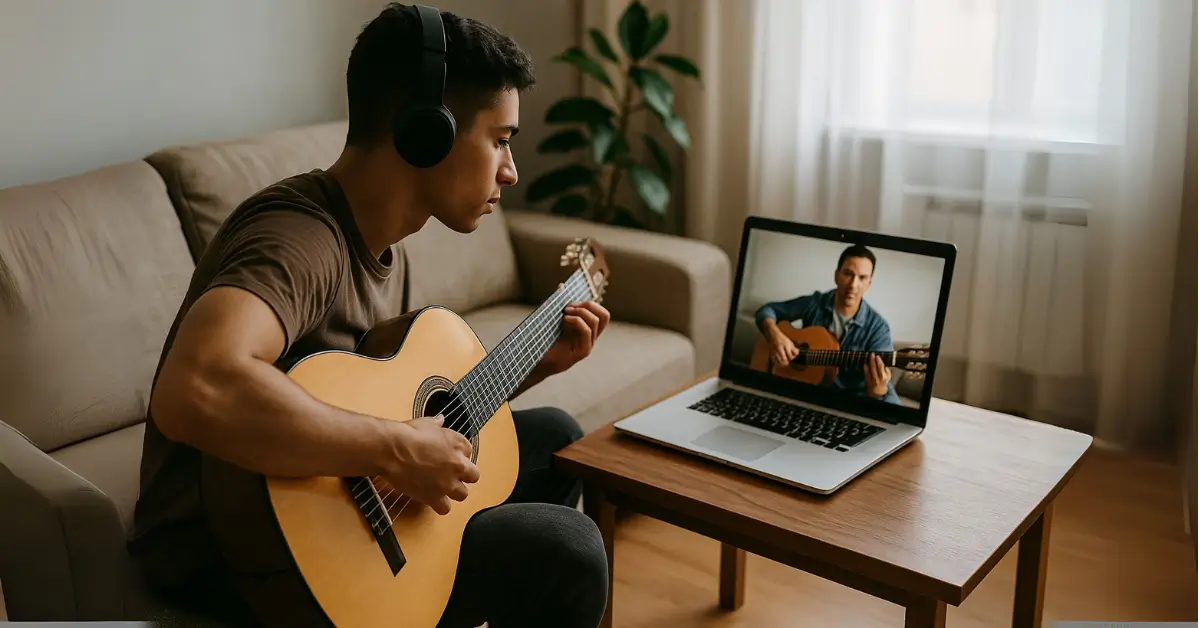 Homem jovem aprende violão com professor em videochamada em ambiente doméstico moderno Jovem praticando violão durante aula online com professor via videochamada