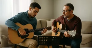 Professor de violão ensina aluno jovem durante aula particular em casa em Guarulhos