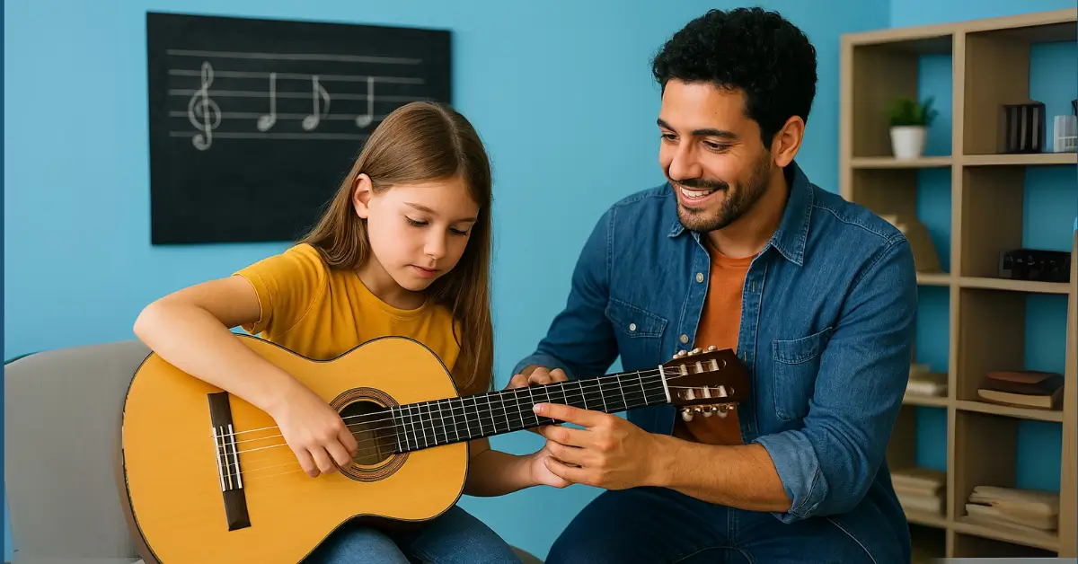 Professor de violão ensina garota em sala azul com quadro de notas musicais ao fundo.