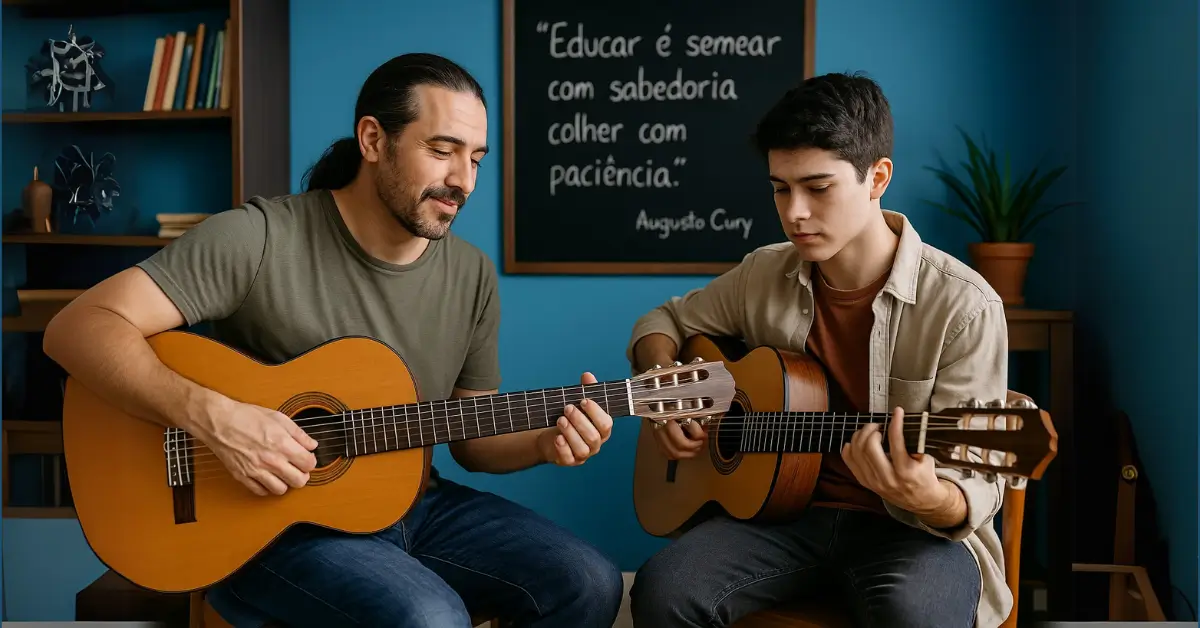 Dois homens tocando violão em sala com parede azul, livros e quadro com citação educativa. Dois músicos tocam violão juntos em ambiente acolhedor com citação de Augusto Cury ao fundo.
