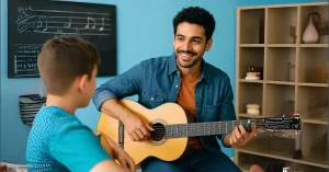 Professor de violão sorridente ensina aluno em sala azul com quadro musical ao fundo.