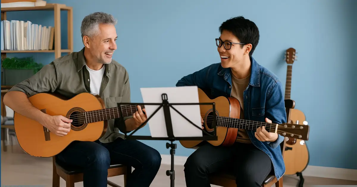 Dois homens sorrindo durante aula de violão, com estante de partituras em estúdio azul.